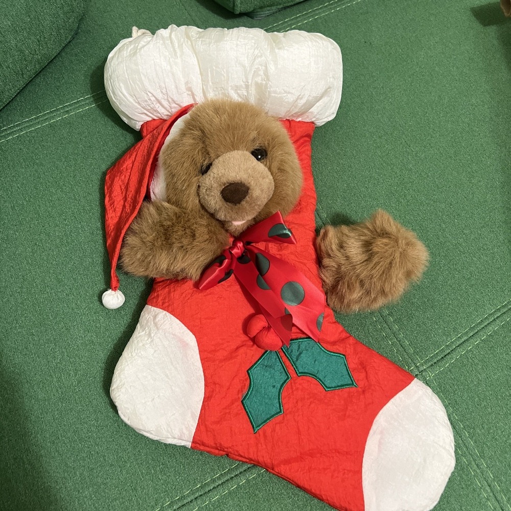 Vtg 16" Christmas Stocking Nylon Parachute Fabric Brown Bear Plush Puffy 3D 90's